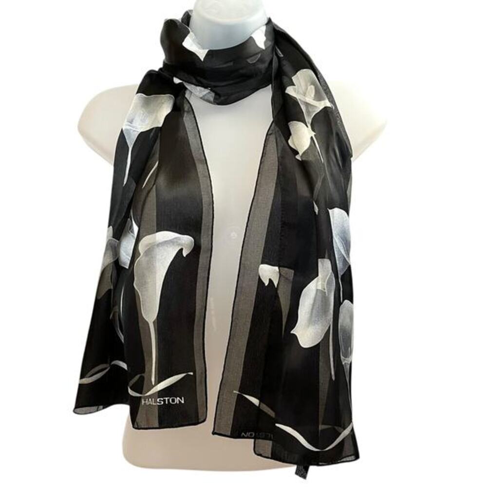 Vintage Halston Calla Lily Italian Striped Chiffon Opaque Monochrome Long Scarf